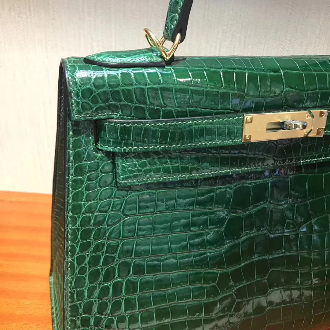 Luxury Hermes CK67 Vert Fonce Shiny Crocodile Leather Kelly Bag28CM