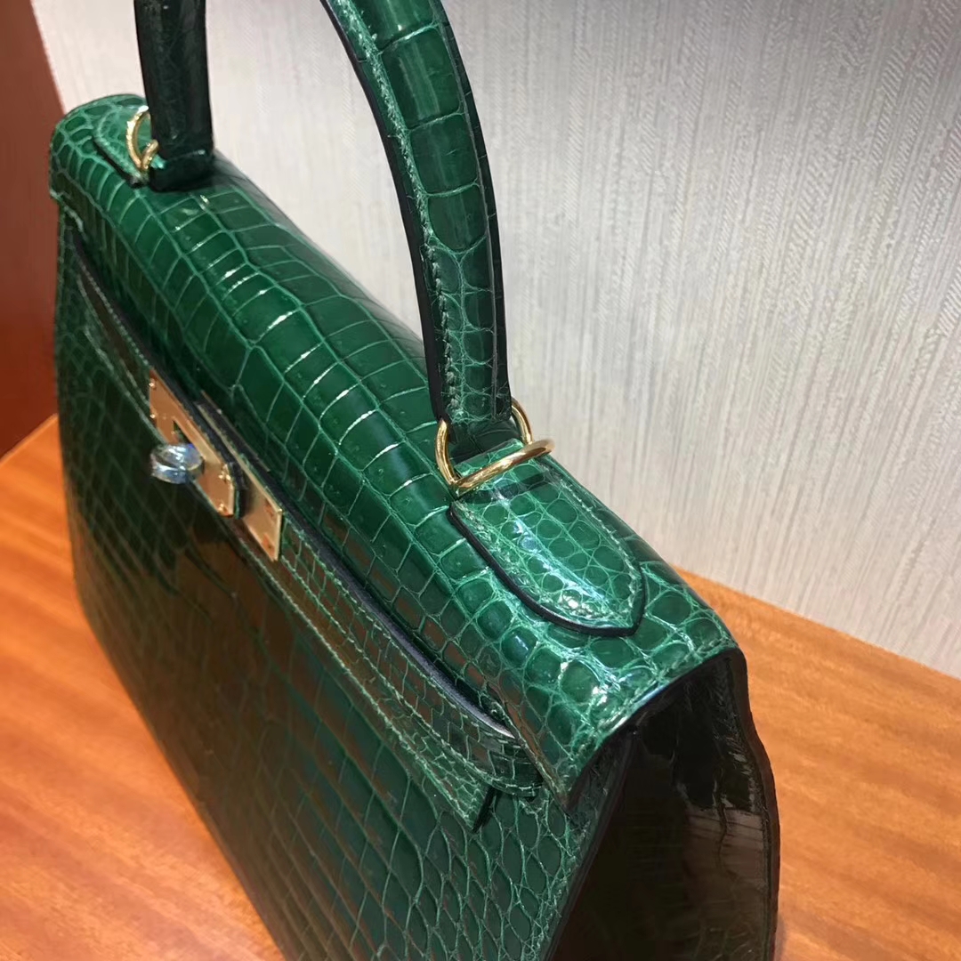 Luxury Hermes CK67 Vert Fonce Shiny Crocodile Leather Kelly Bag28CM
