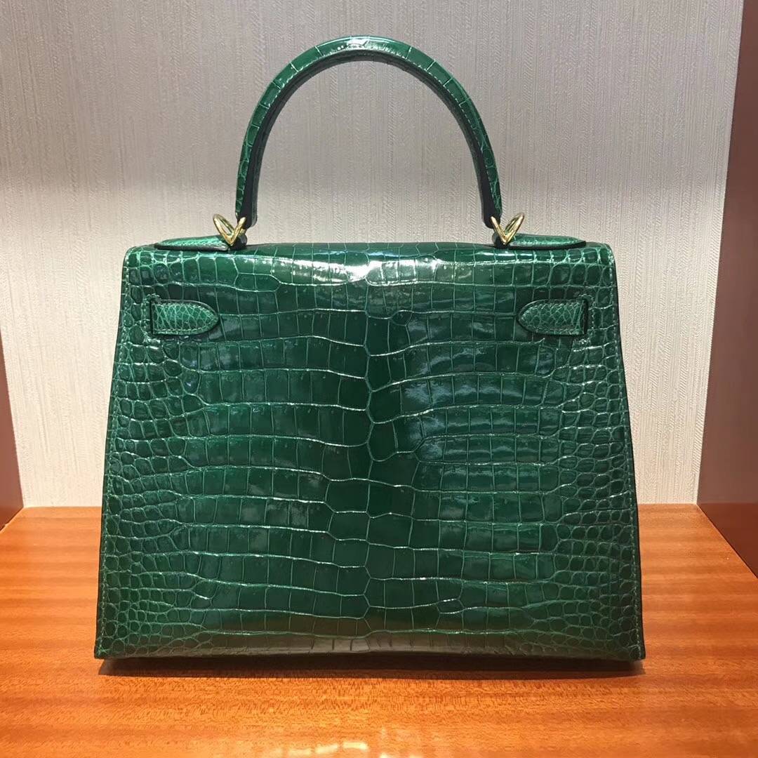 Luxury Hermes CK67 Vert Fonce Shiny Crocodile Leather Kelly Bag28CM