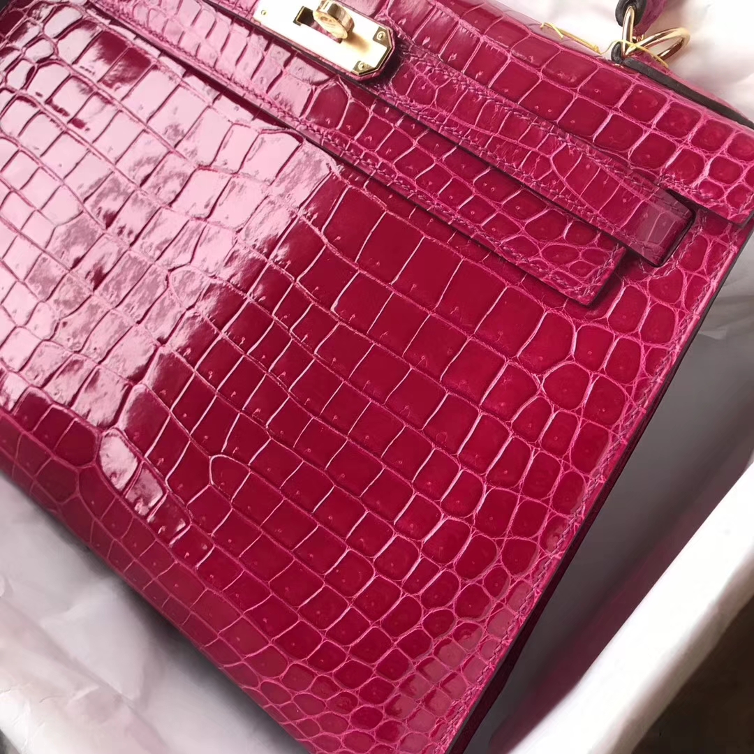 Fashion Hermes J5 Rose Scheherazade Shiny Crocodile Leather Kelly Bag28CM