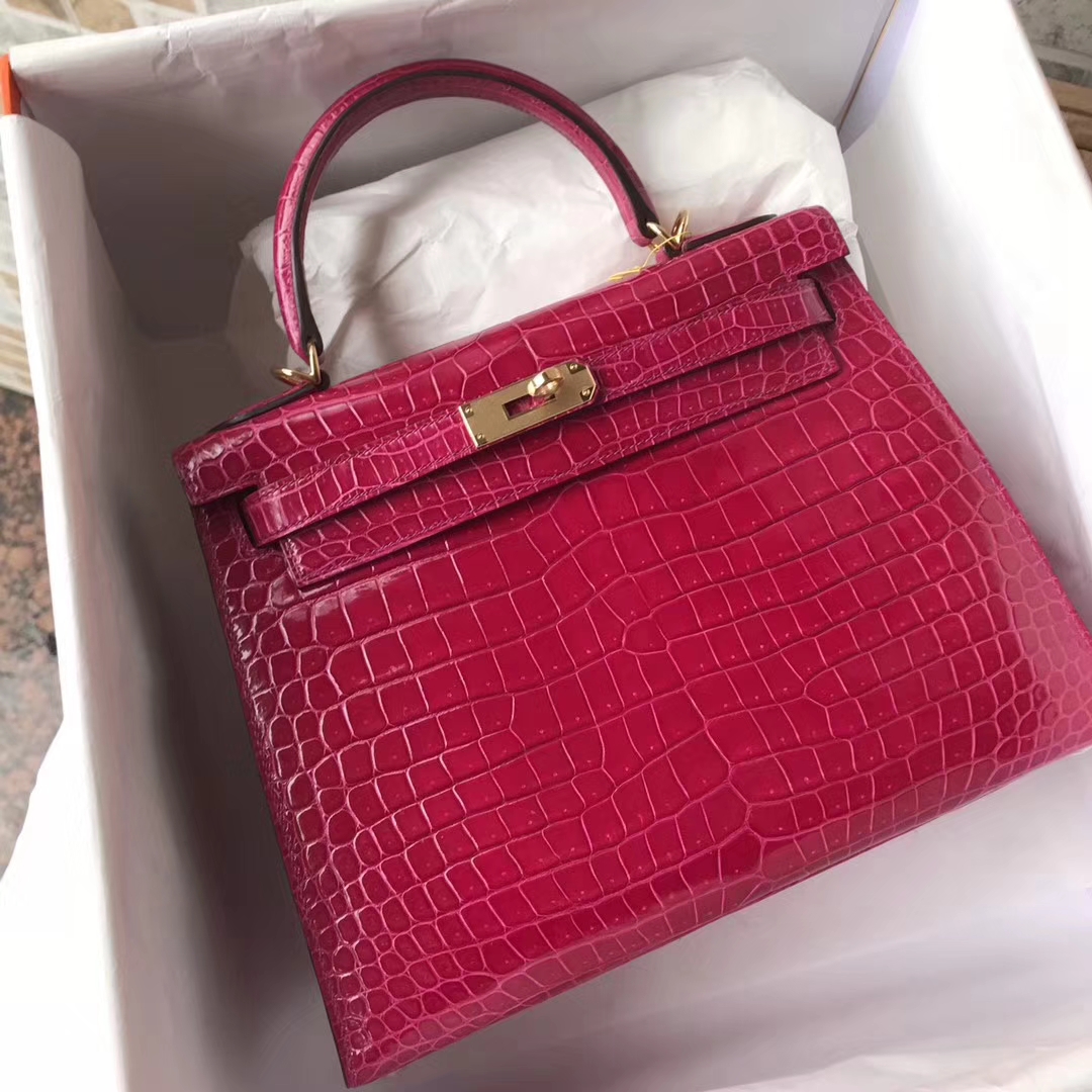 Fashion Hermes J5 Rose Scheherazade Shiny Crocodile Leather Kelly Bag28CM
