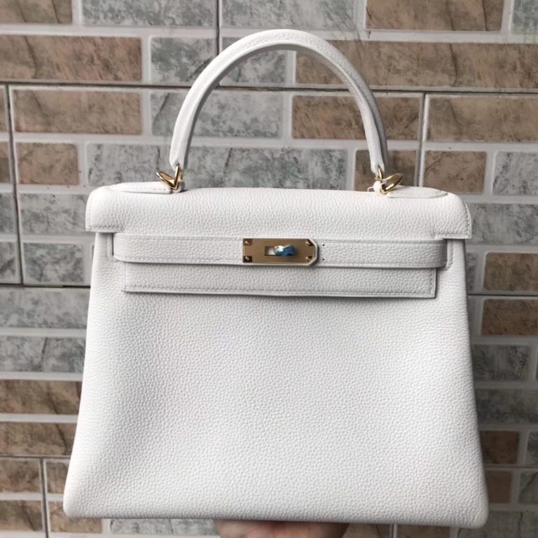 Hand Stitching Hermes 01 Pure White Togo Calfskin Retourne Kelly Bag 28cm