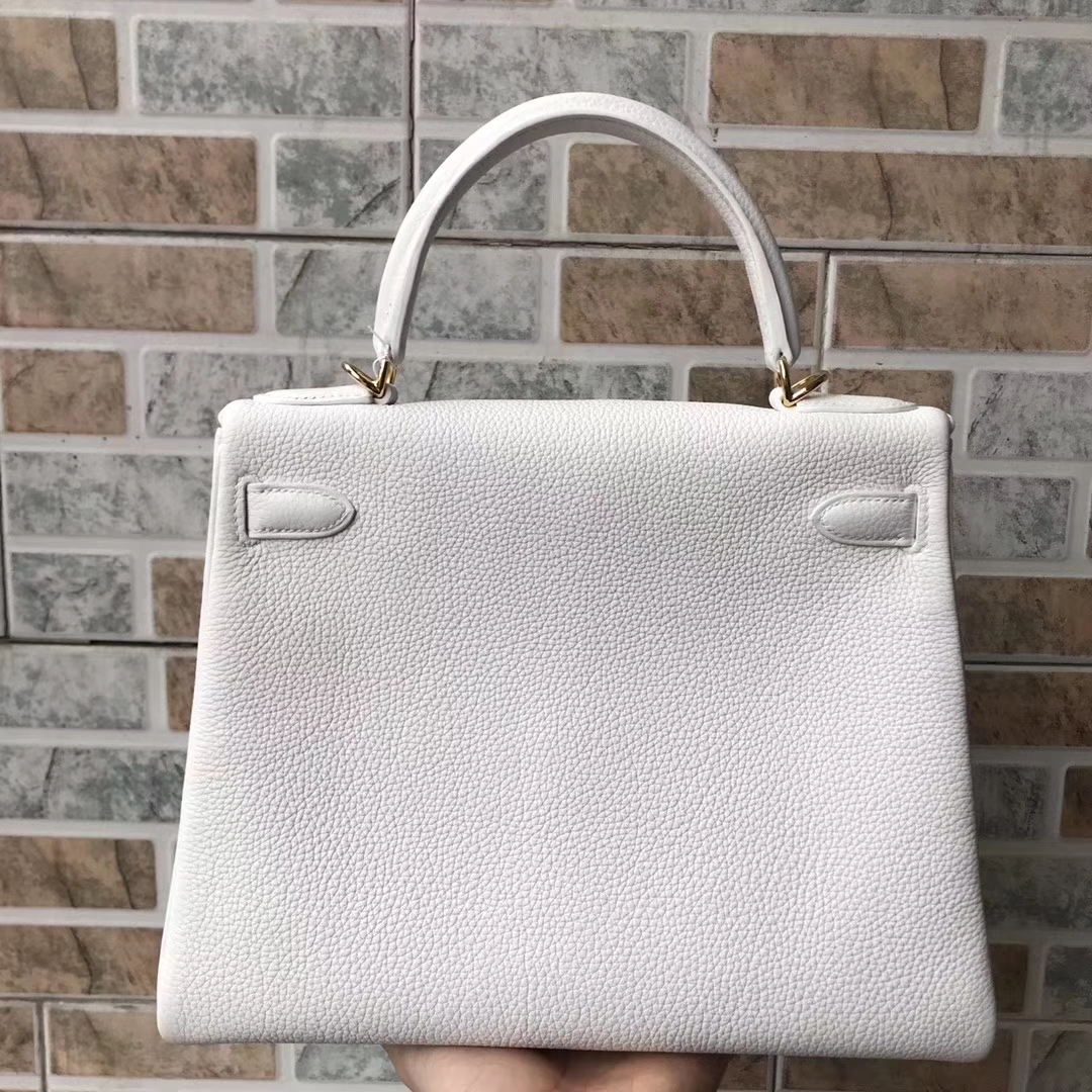 Hand Stitching Hermes 01 Pure White Togo Calfskin Retourne Kelly Bag28cm
