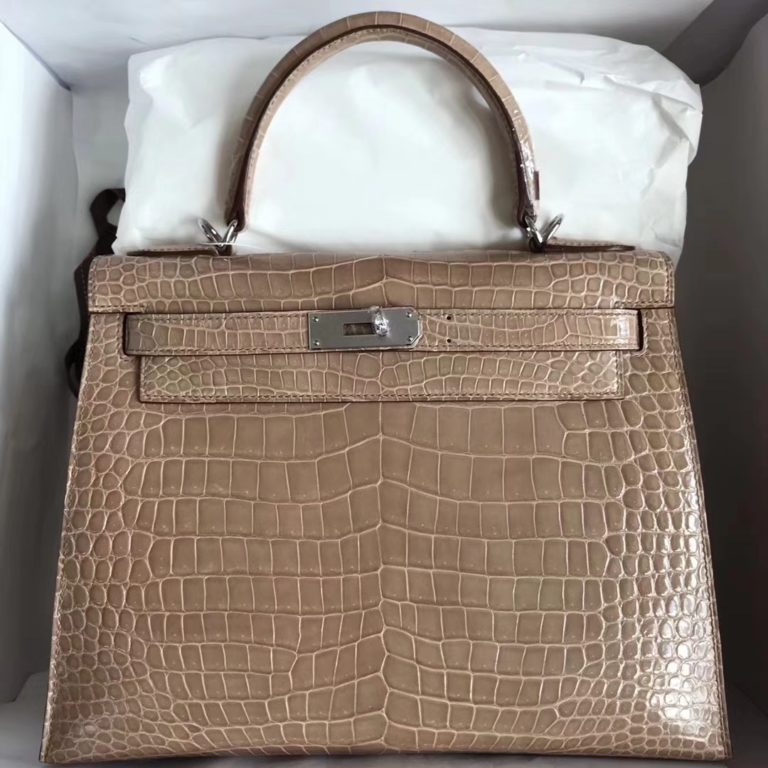 Hermes Apricot Porosus Shiny Crocodile Kelly 28CM Bag Silver Hardware