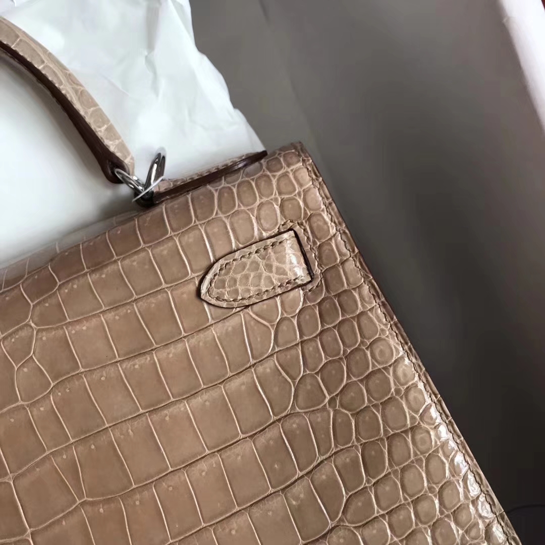Fashion Hermes Apricot Porosus Shiny Crocodile Kelly28CM Bag Silver Hardware