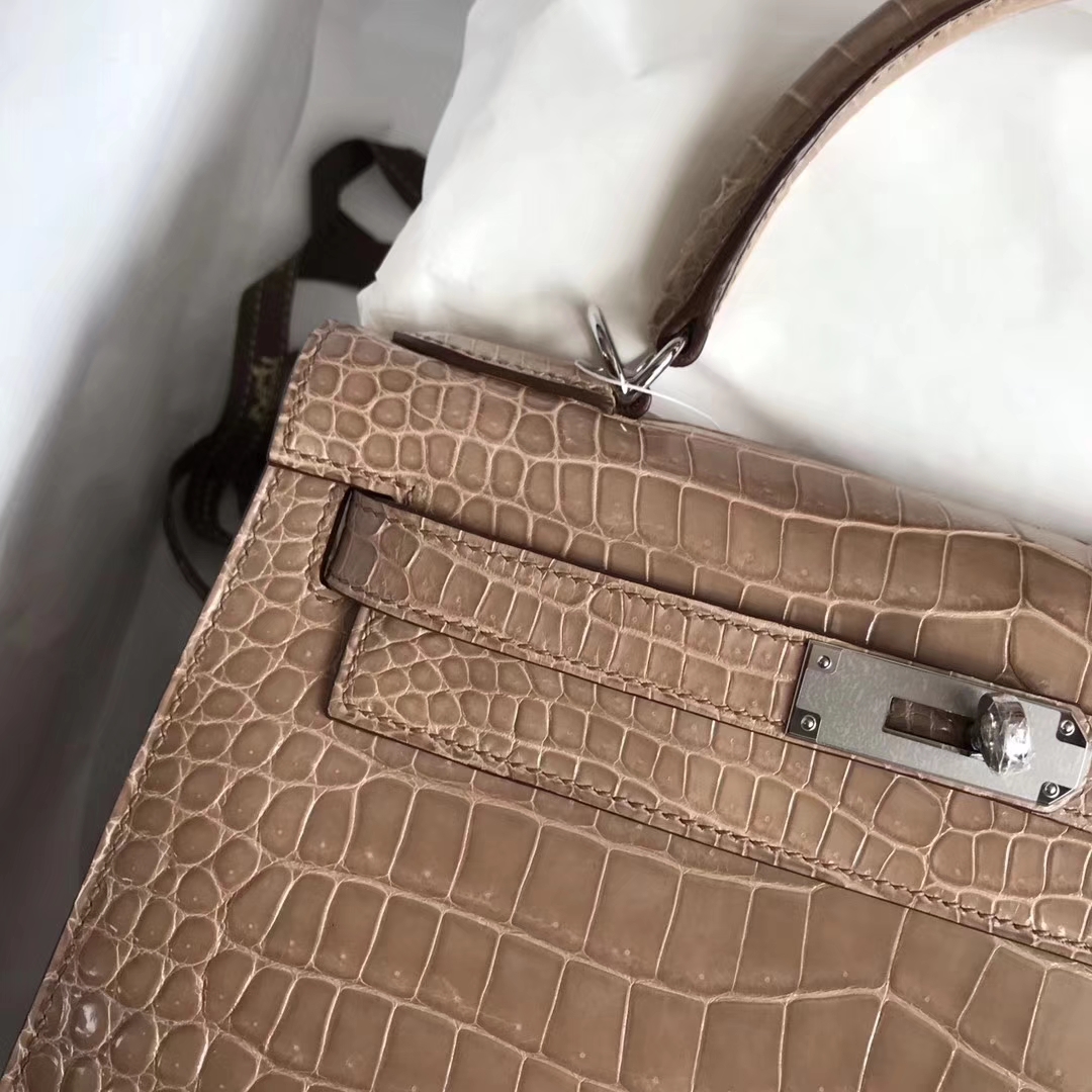 Fashion Hermes Apricot Porosus Shiny Crocodile Kelly28CM Bag Silver Hardware