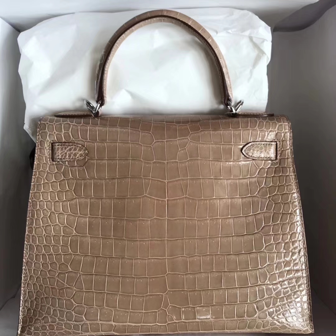 Fashion Hermes Apricot Porosus Shiny Crocodile Kelly28CM Bag Silver Hardware