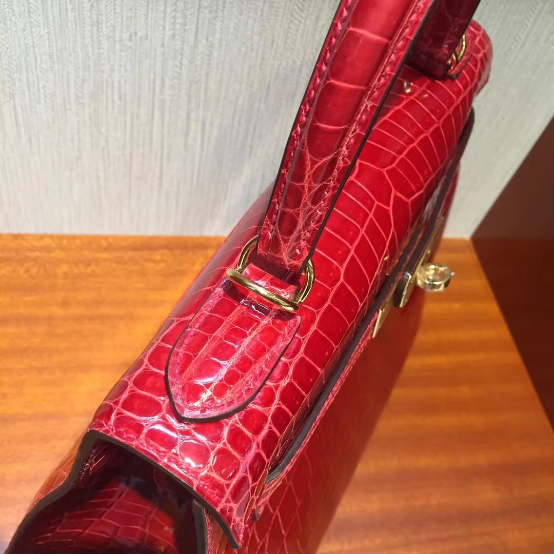 Sale Hermes Q5 Rouge Casaque Porosus Shiny Crocodile Kelly28CM Bag Gold Hardware