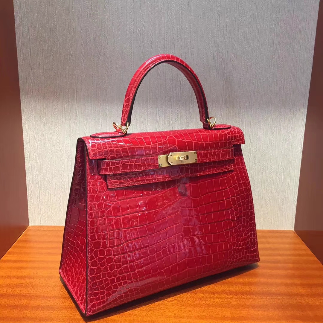 Sale Hermes Q5 Rouge Casaque Porosus Shiny Crocodile Kelly28CM Bag Gold Hardware