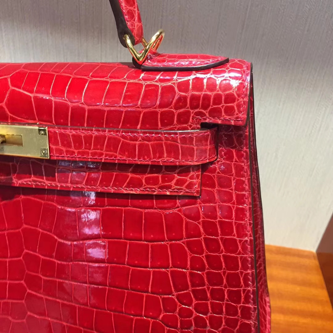 Sale Hermes Q5 Rouge Casaque Porosus Shiny Crocodile Kelly28CM Bag Gold Hardware