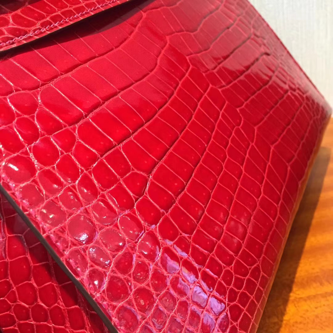 Sale Hermes Q5 Rouge Casaque Porosus Shiny Crocodile Kelly28CM Bag Gold Hardware