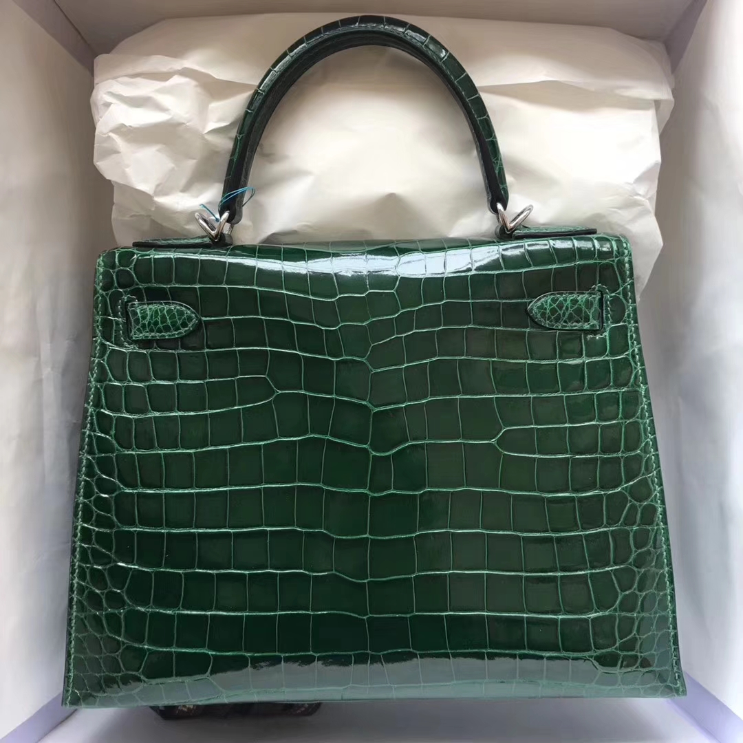 Luxury Hermes CK67 Vert Fonce Porosus Shiny Crocodile Kelly28CM Silver Hardware