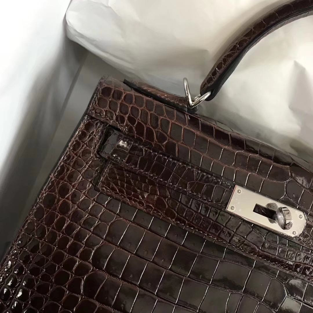 Noble Hermes 4D Terre Porosus Shiny Crocodile Kelly Bag28CM Silver Hardware