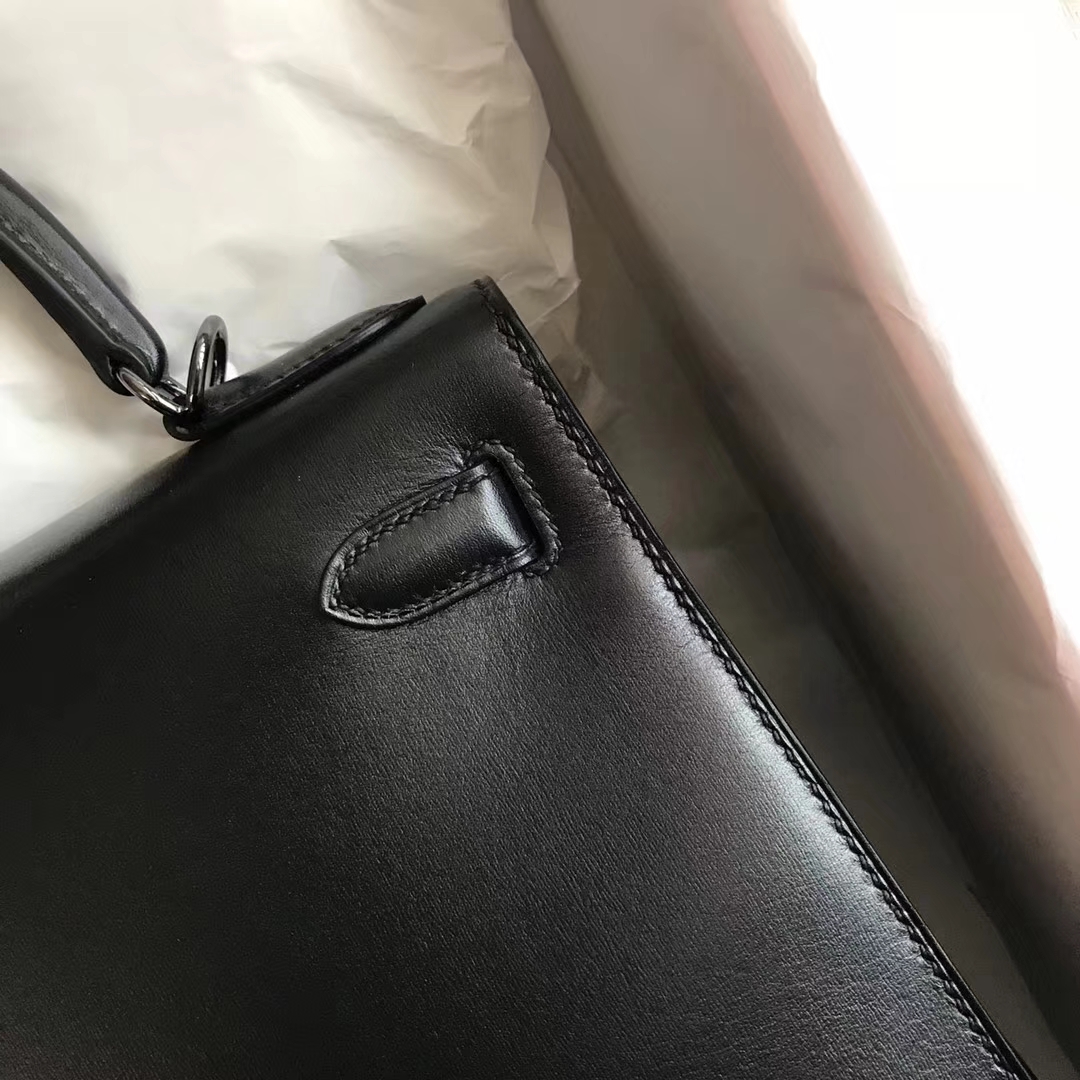 Elegant Hermes CK89 Black Box Calf Kelly Bag28CM Black Hardware