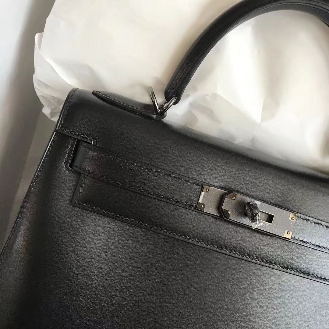 Elegant Hermes CK89 Black Box Calf Kelly Bag28CM Black Hardware