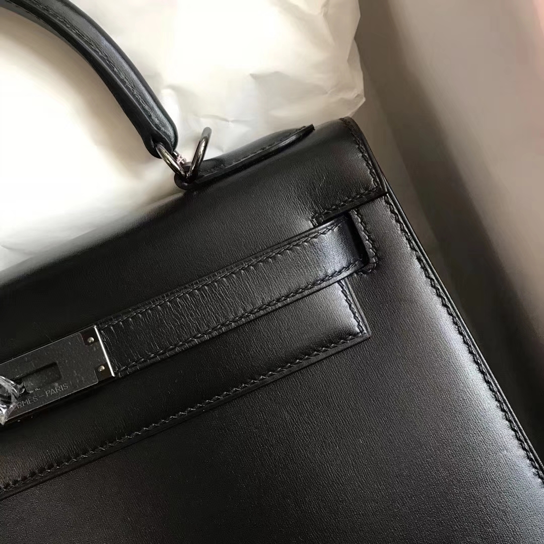 Elegant Hermes CK89 Black Box Calf Kelly Bag28CM Black Hardware