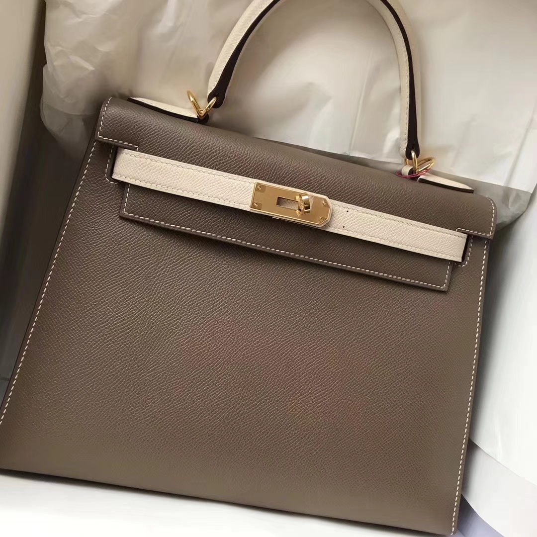 Elegant Hermes C18 Etoupe Grey&#038;CK10 Craie Epsom Calfskin Kelly28CM Gold Hardware