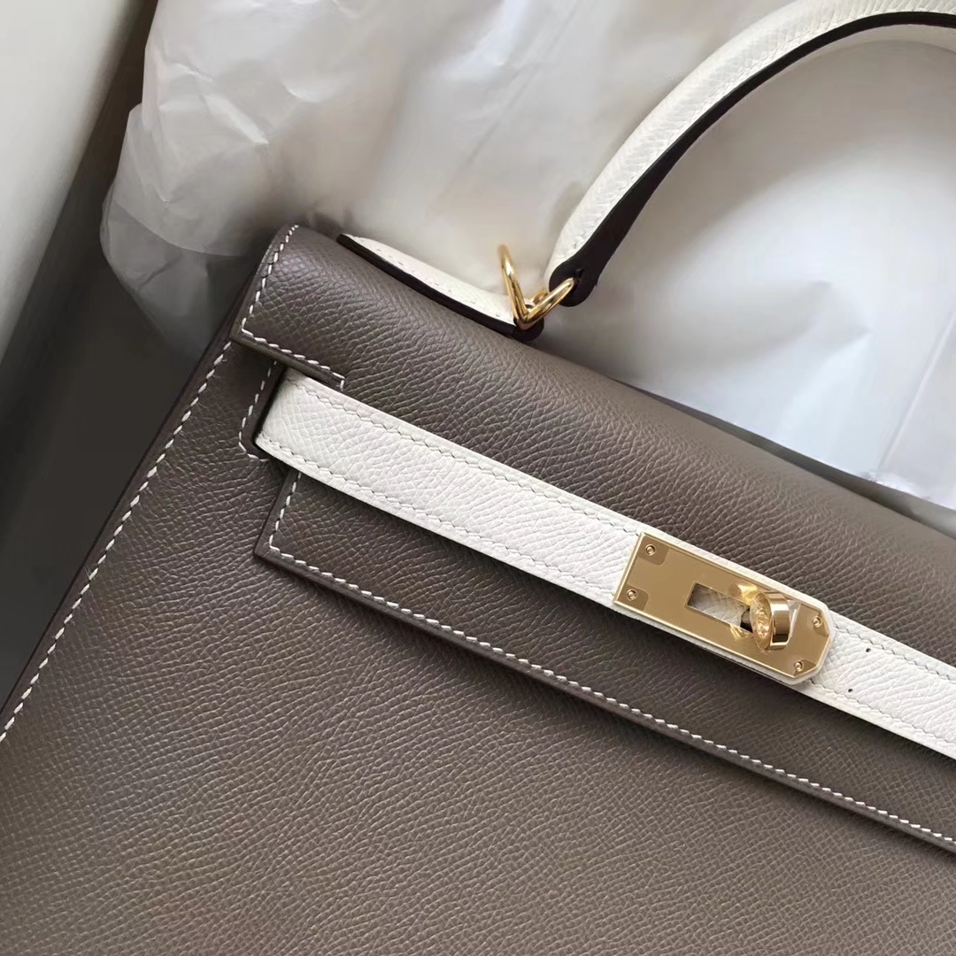 Elegant Hermes C18 Etoupe Grey&#038;CK10 Craie Epsom Calfskin Kelly28CM Gold Hardware