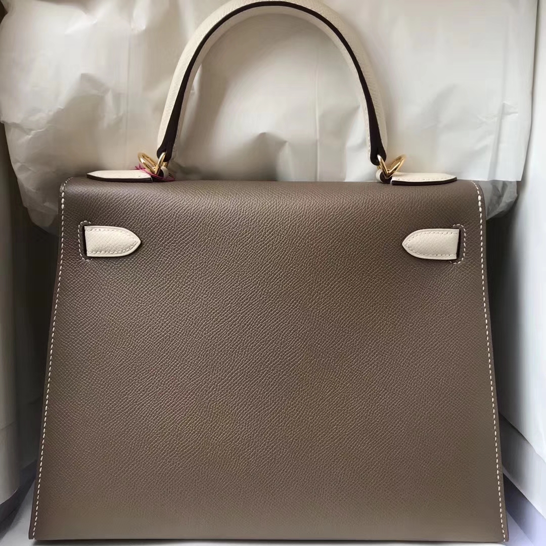 Elegant Hermes C18 Etoupe Grey&#038;CK10 Craie Epsom Calfskin Kelly28CM Gold Hardware