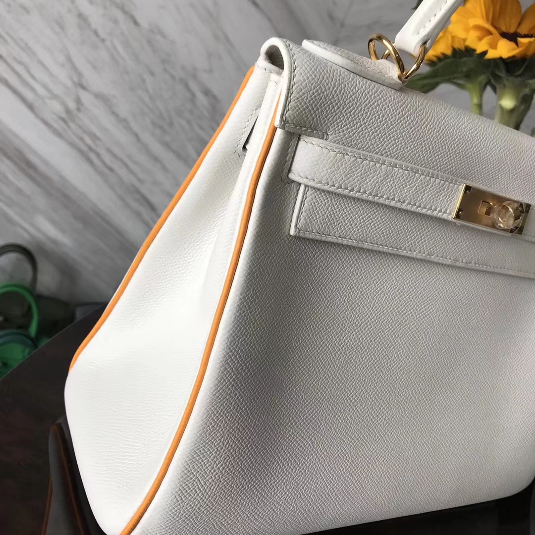Discount Hermes Pure White &#038; Sun Yellow Rim Epsom Calfskin Kelly28CM Bag
