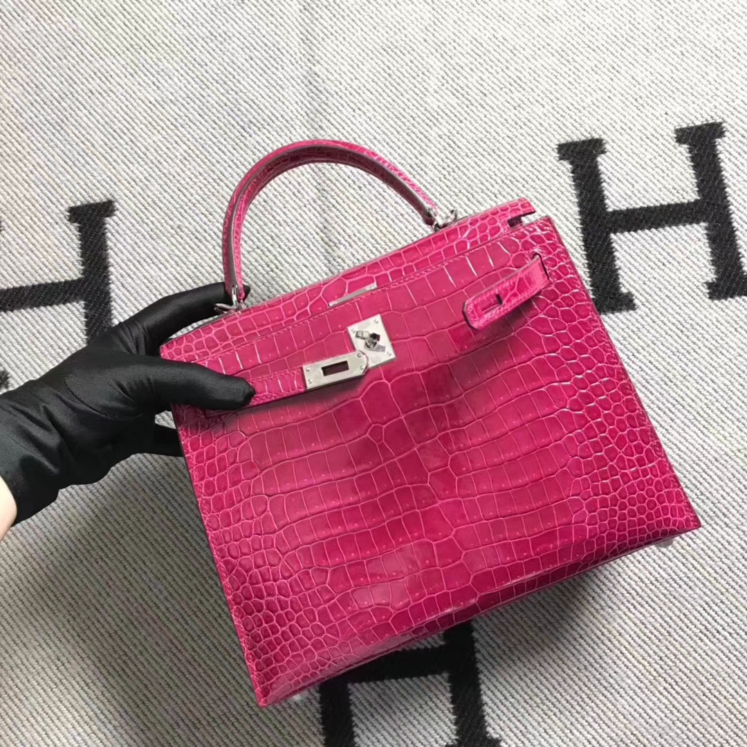 Pretty Hermes Rose Shiny Crocodile Leather Kelly28cm Bag Silver Hardware