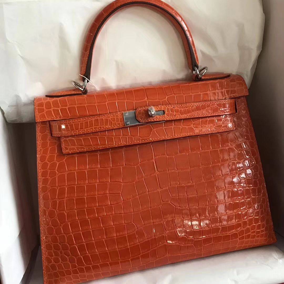 Hermes Shiny Crocodile Kelly Bag28CM in 8V Coppy Orange Silver Hardware