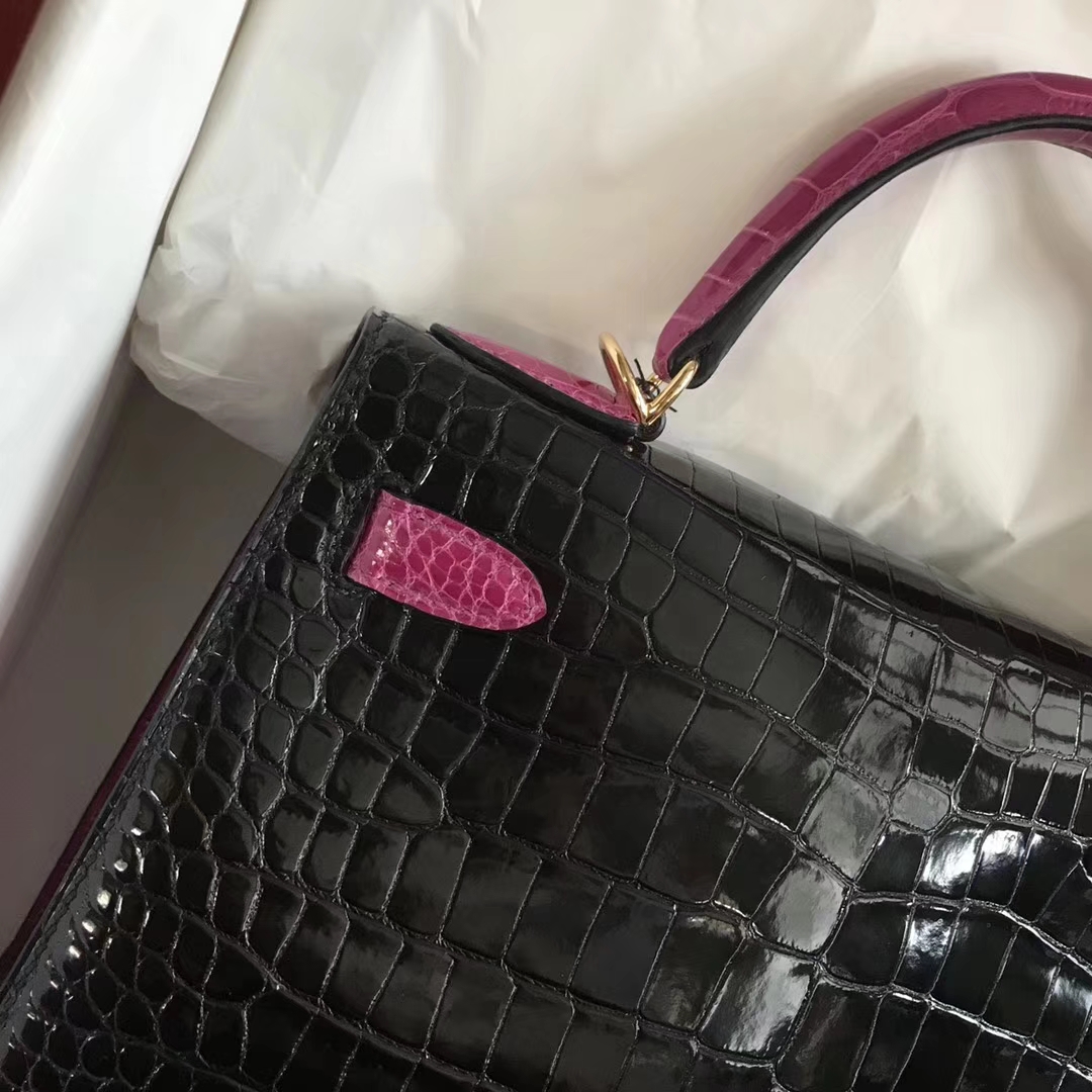 Fashion Hermes CK89 Black/J5 Rose Scheherazade Shiny Crocodile Kelly Bag28CM