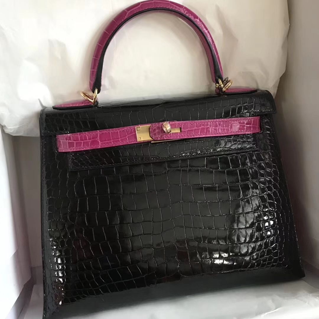 Fashion Hermes CK89 Black/J5 Rose Scheherazade Shiny Crocodile Kelly Bag28CM
