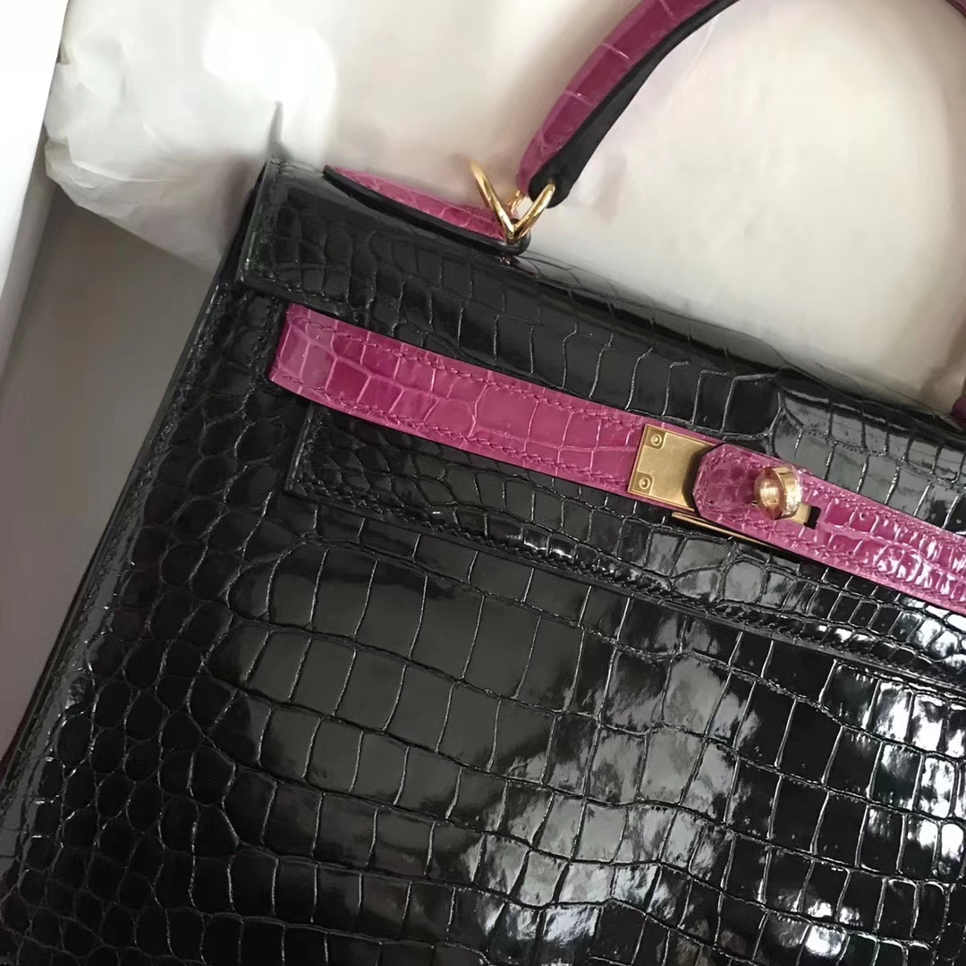 Fashion Hermes CK89 Black/J5 Rose Scheherazade Shiny Crocodile Kelly Bag28CM