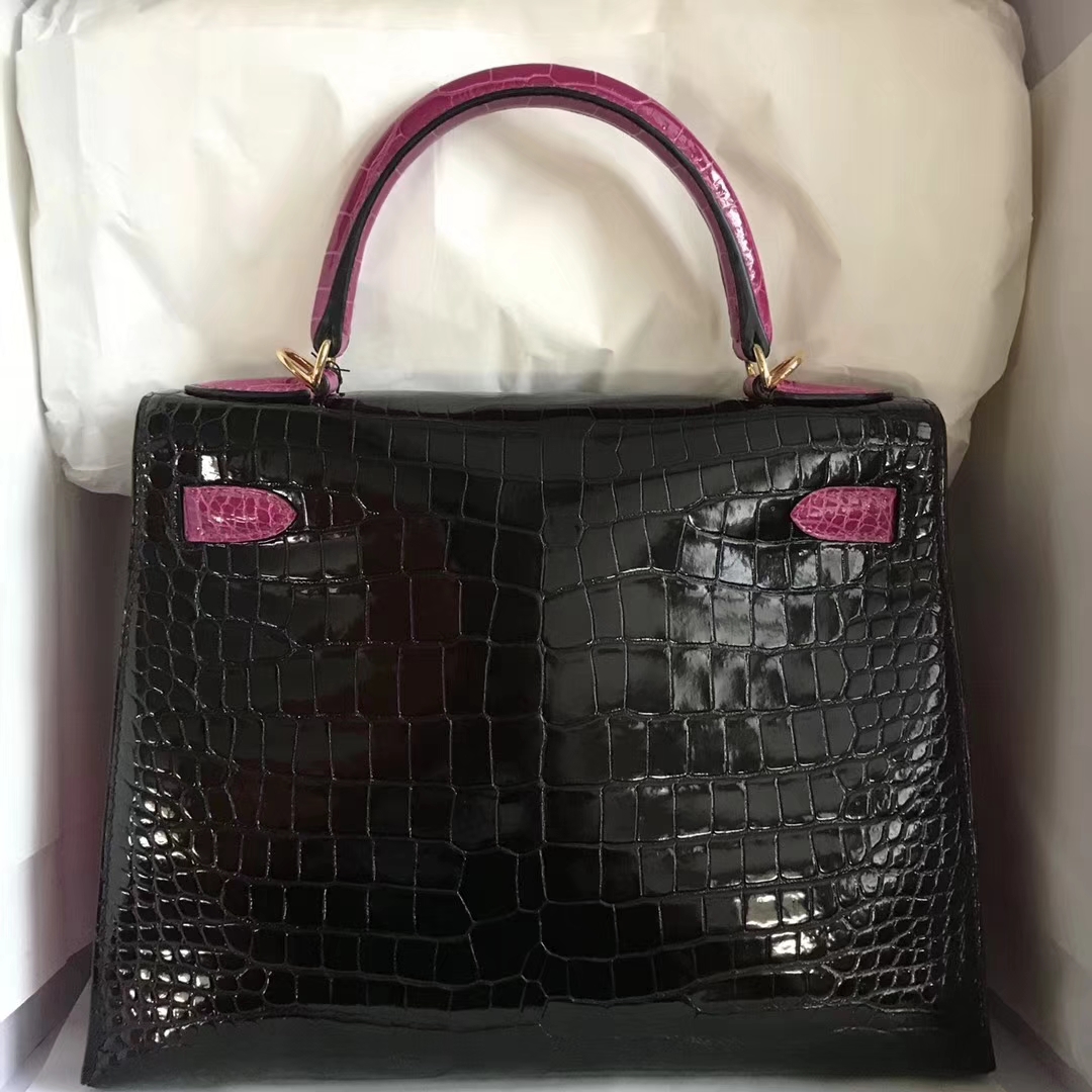 Fashion Hermes CK89 Black/J5 Rose Scheherazade Shiny Crocodile Kelly Bag28CM
