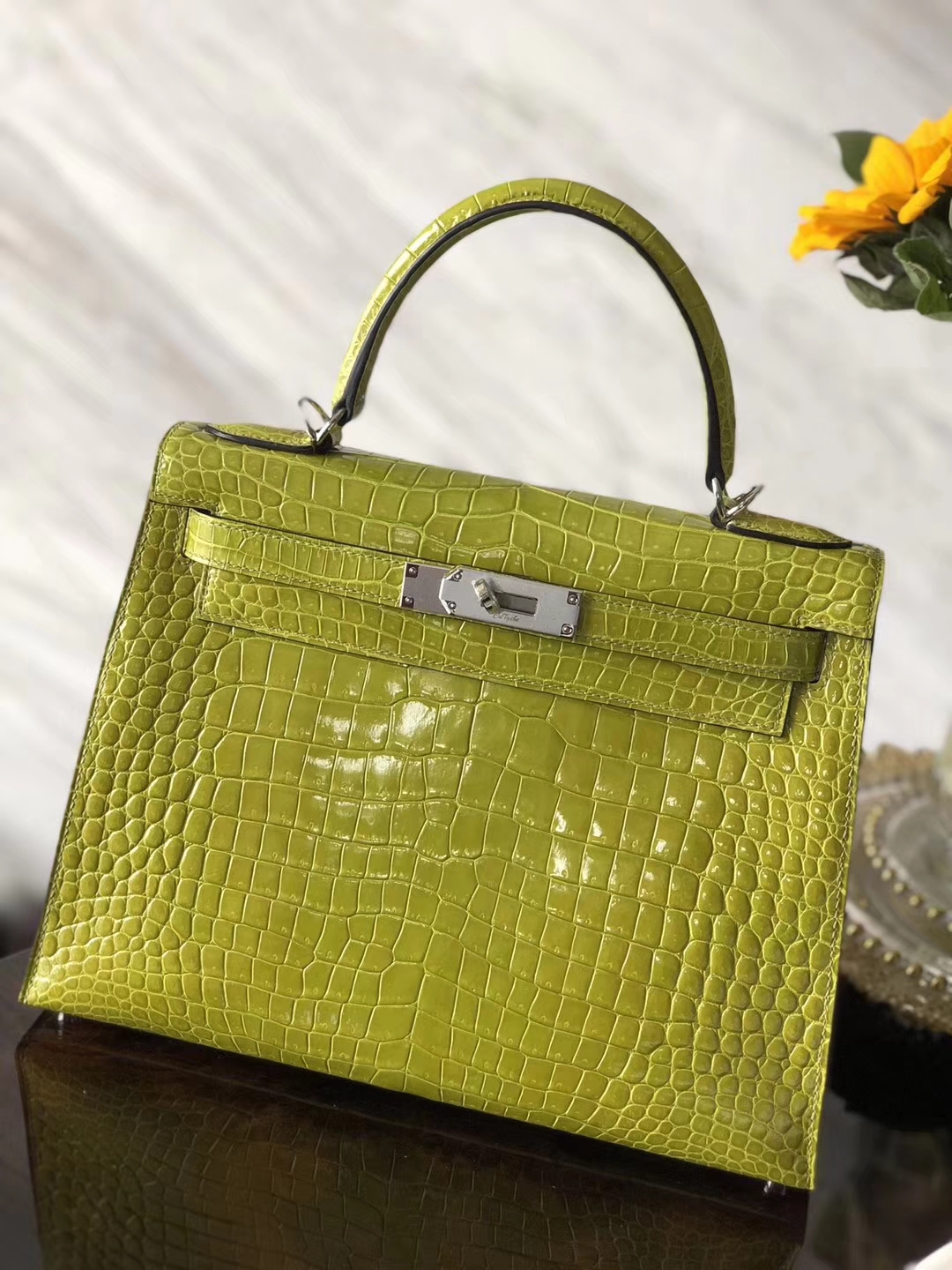 Luxury Hermes 6Q Kiwi Green Shiny Crocodile Leather Kelly Bag28CM Silver Hardware