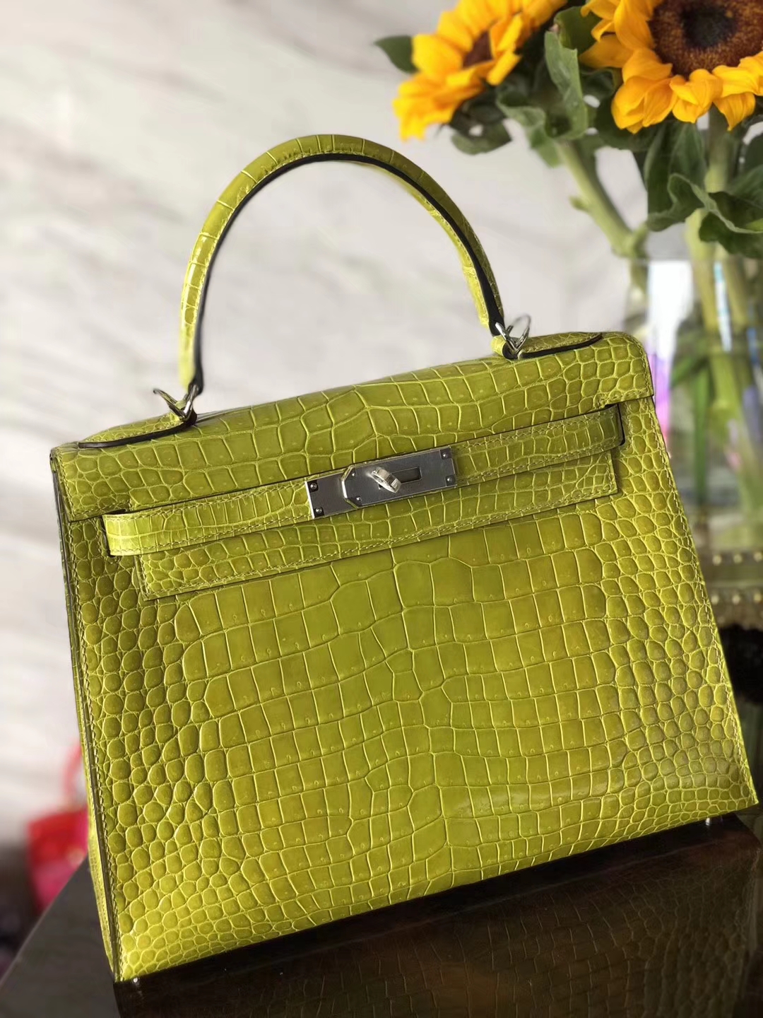 Luxury Hermes 6Q Kiwi Green Shiny Crocodile Leather Kelly Bag28CM Silver Hardware