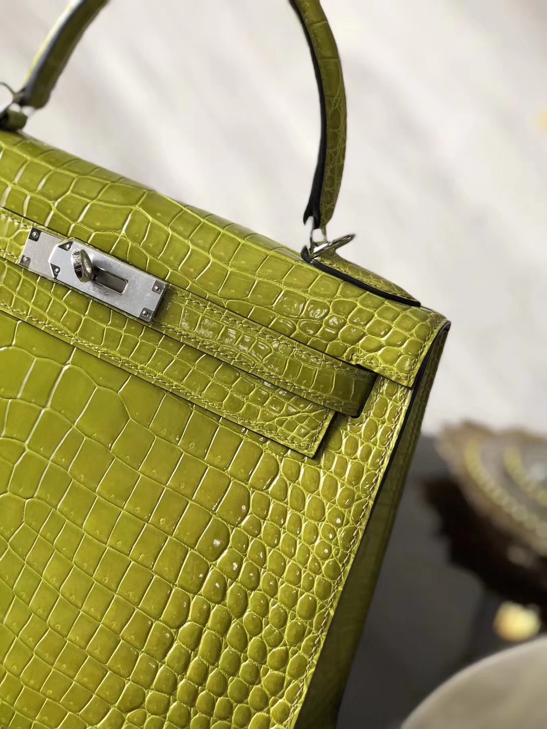 Luxury Hermes 6Q Kiwi Green Shiny Crocodile Leather Kelly Bag28CM Silver Hardware