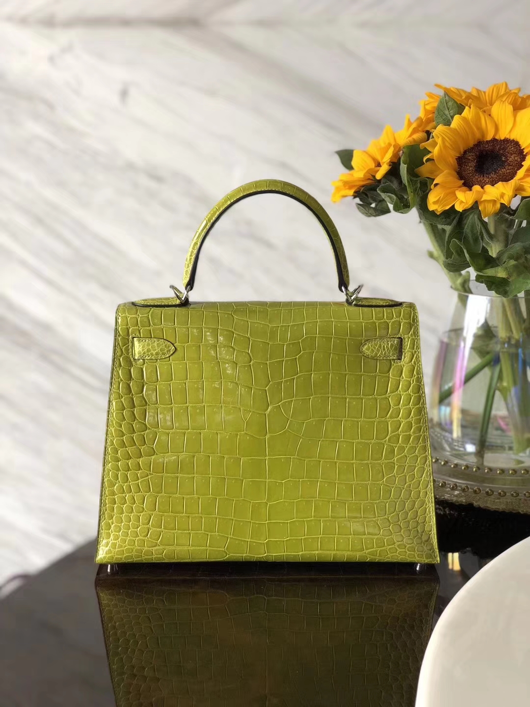Luxury Hermes 6Q Kiwi Green Shiny Crocodile Leather Kelly Bag28CM Silver Hardware