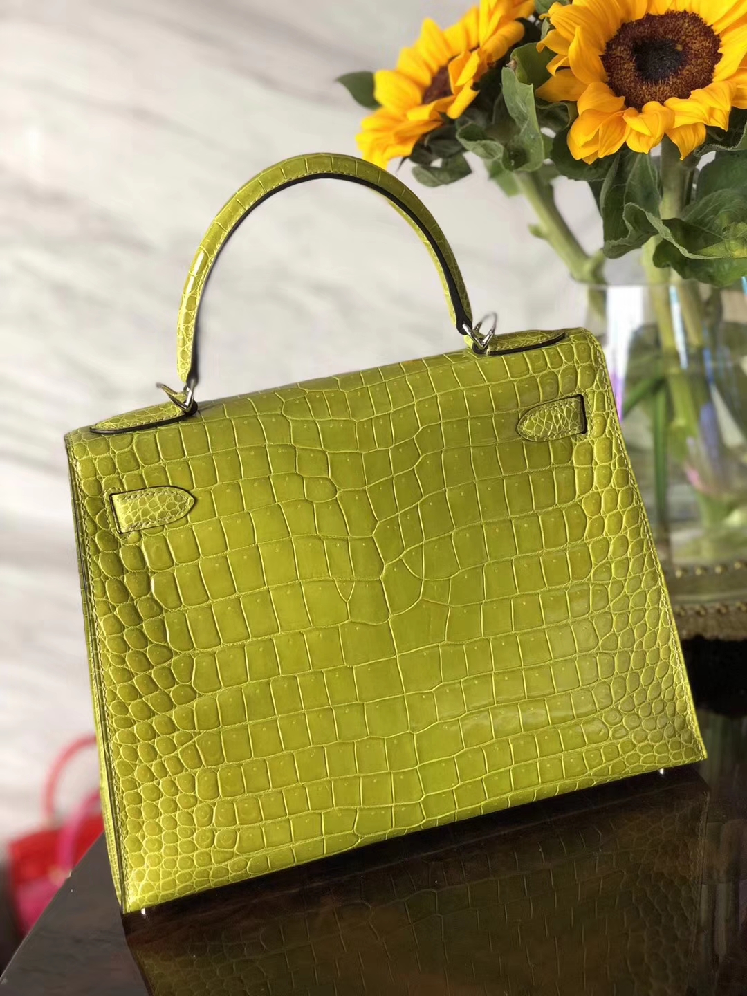 Luxury Hermes 6Q Kiwi Green Shiny Crocodile Leather Kelly Bag28CM Silver Hardware