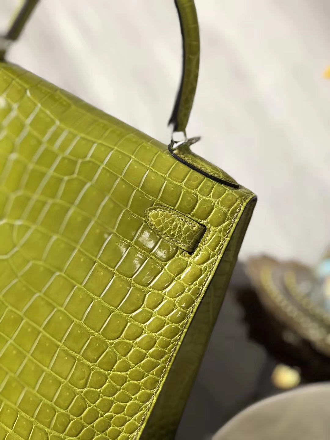 Luxury Hermes 6Q Kiwi Green Shiny Crocodile Leather Kelly Bag28CM Silver Hardware