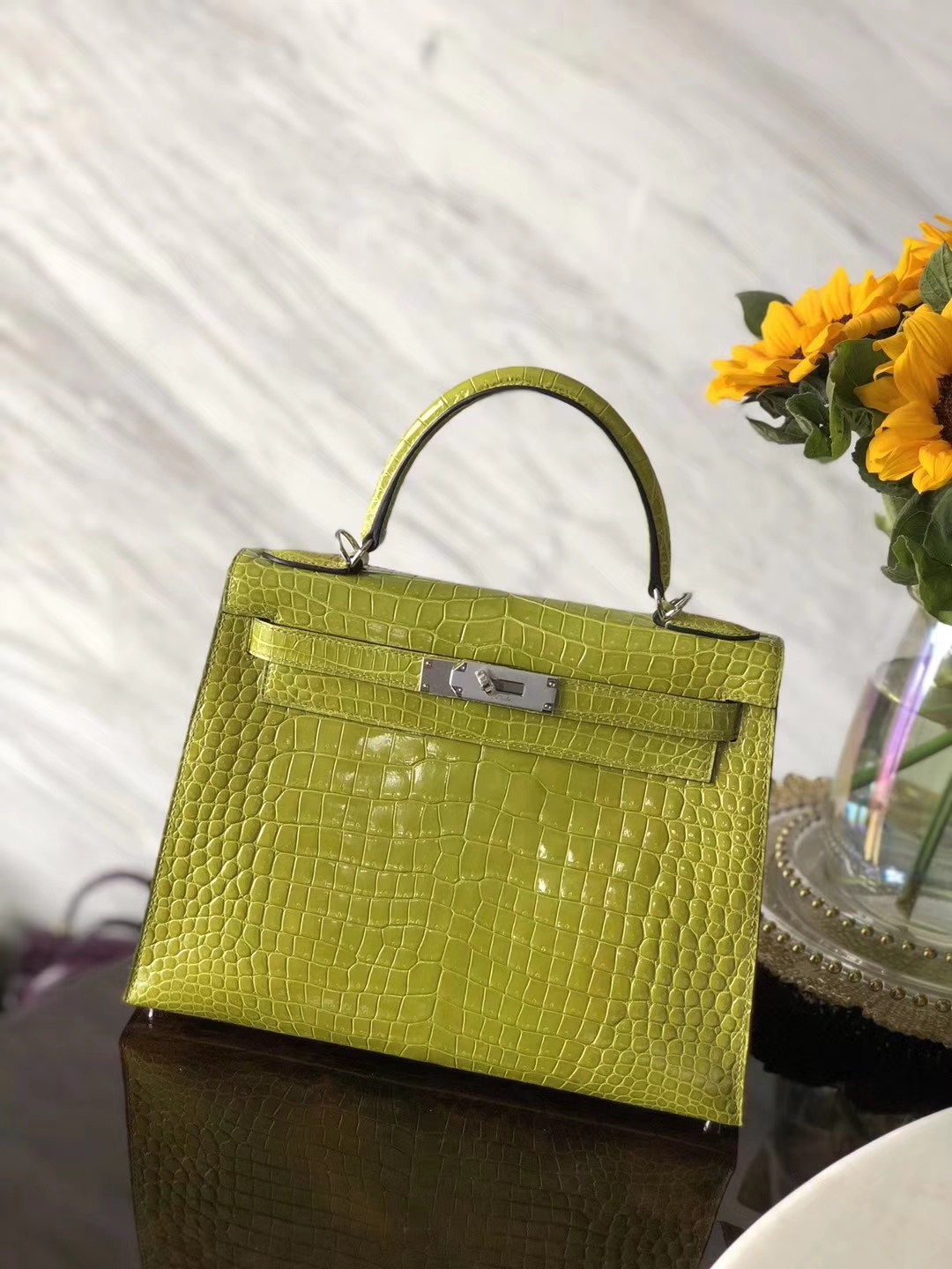 Luxury Hermes 6Q Kiwi Green Shiny Crocodile Leather Kelly Bag28CM Silver Hardware