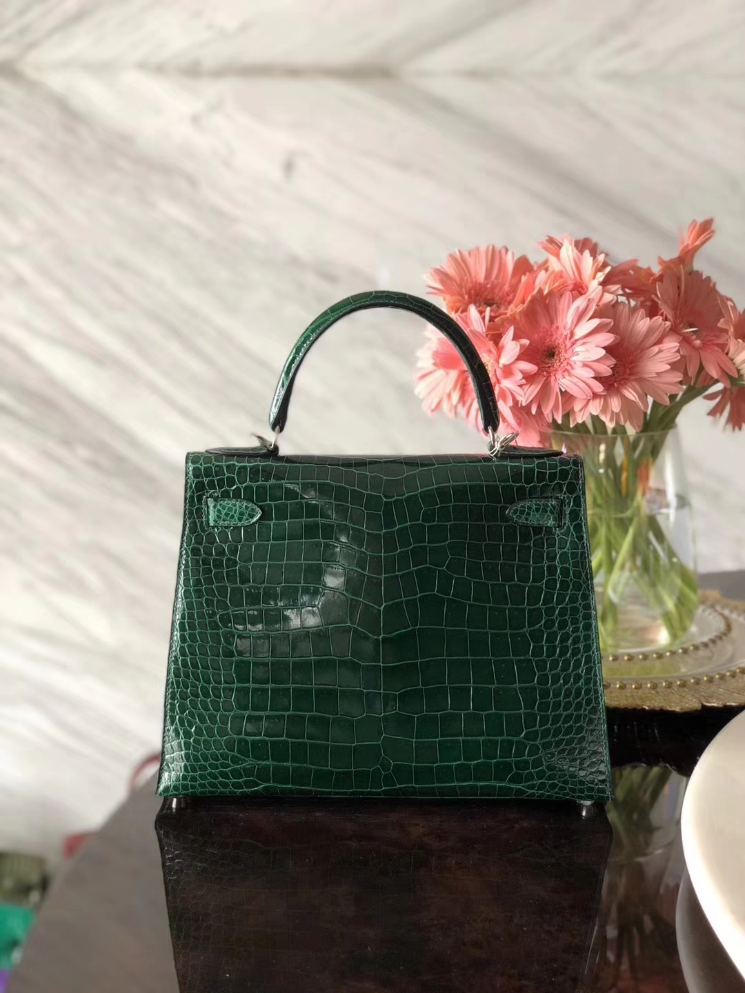 Luxury Hermes Shiny Crocodile Kelly28CM Bag in CK67 Vert Fonce Silver Hardware