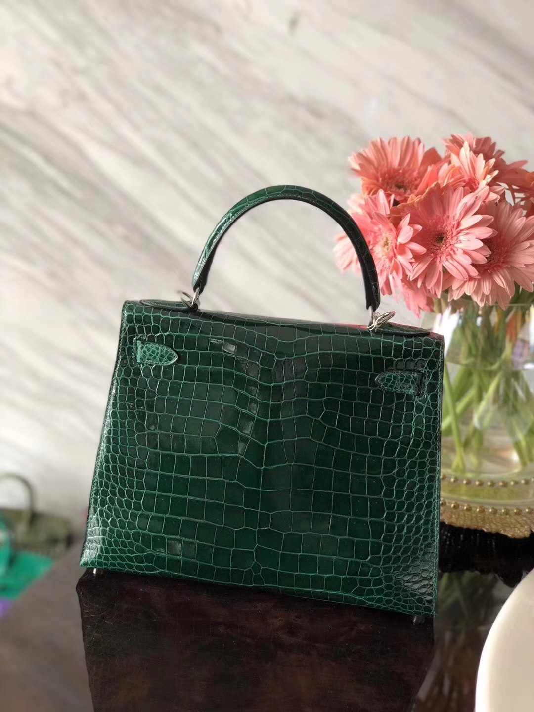 Luxury Hermes Shiny Crocodile Kelly28CM Bag in CK67 Vert Fonce Silver Hardware