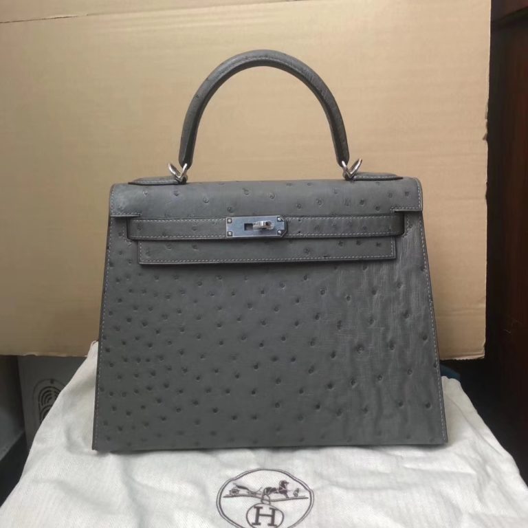Hermes Iron Grey Ostrich Leather Kelly Bag 28CM Silver Hardware