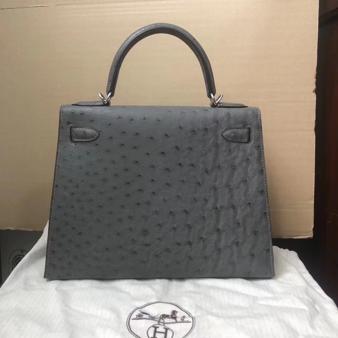 Wholesale Hermes Iron Grey Ostrich Leather Kelly Bag28CM Silver Hardware