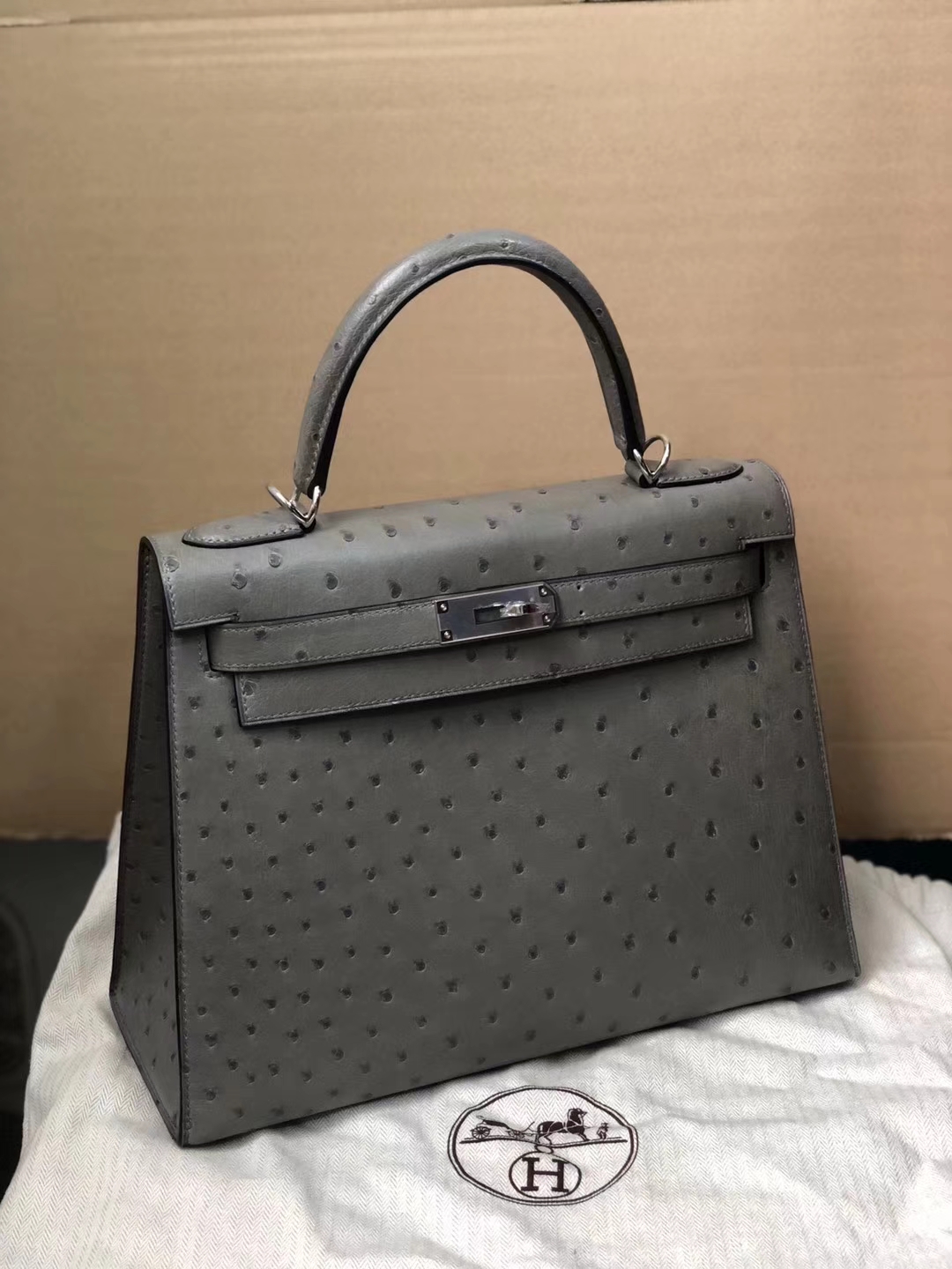 Wholesale Hermes Iron Grey Ostrich Leather Kelly Bag28CM Silver Hardware