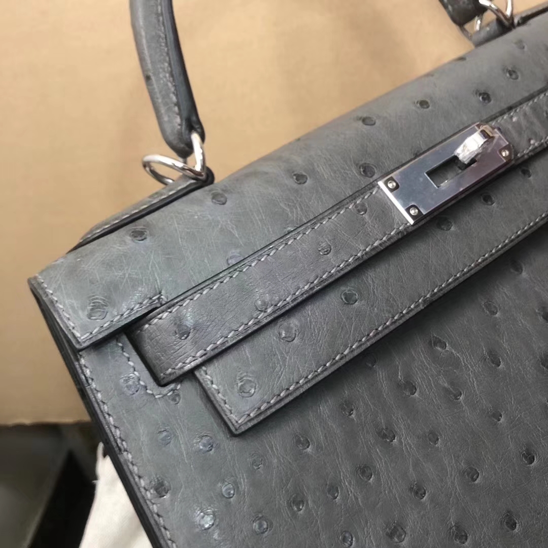 Wholesale Hermes Iron Grey Ostrich Leather Kelly Bag28CM Silver Hardware
