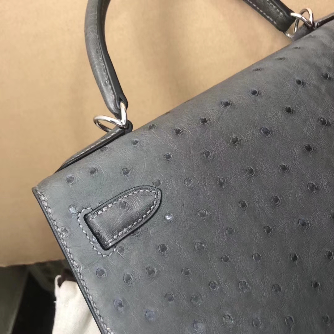 Wholesale Hermes Iron Grey Ostrich Leather Kelly Bag28CM Silver Hardware