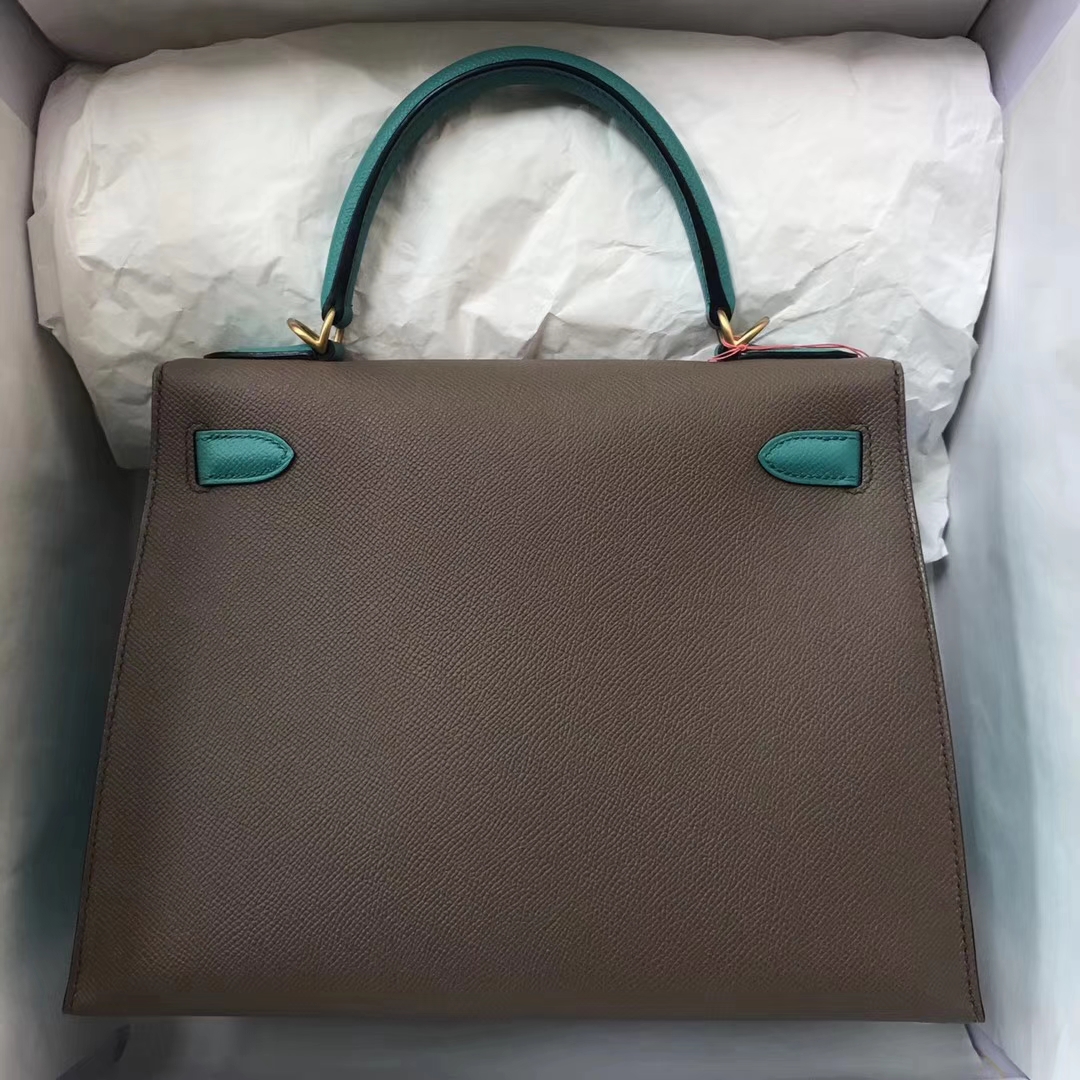 Wholesale Hermes Etoupe Grey/Blue Paon Epsom Calf Kelly28cm Bag Gold Hardware