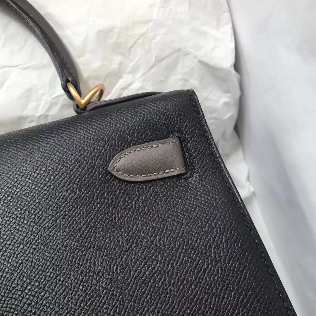Fashion Hermes Epsom Calf Kelly28CM Tote Bag in CK89 Black/8F Etain Grey