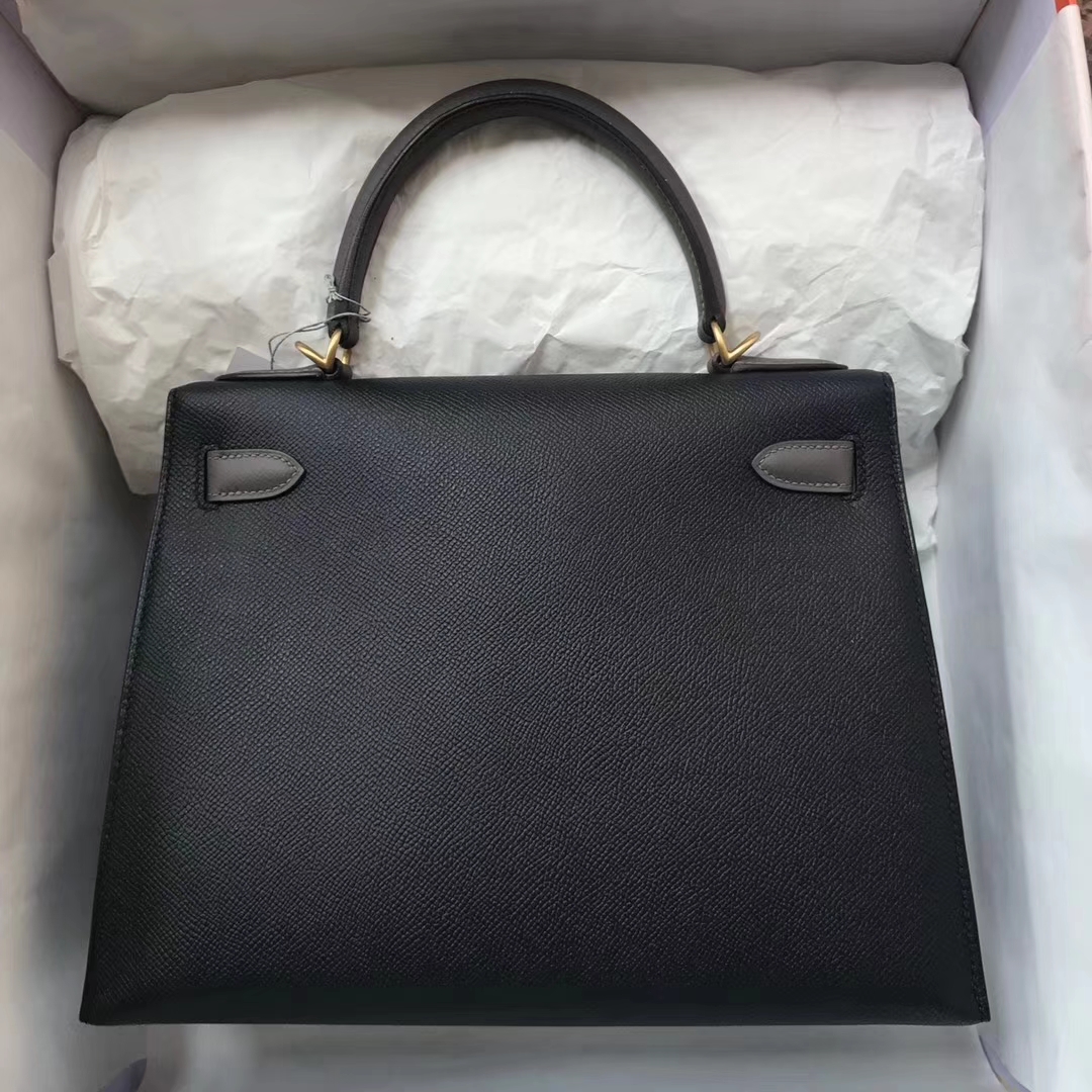 Fashion Hermes Epsom Calf Kelly28CM Tote Bag in CK89 Black/8F Etain Grey