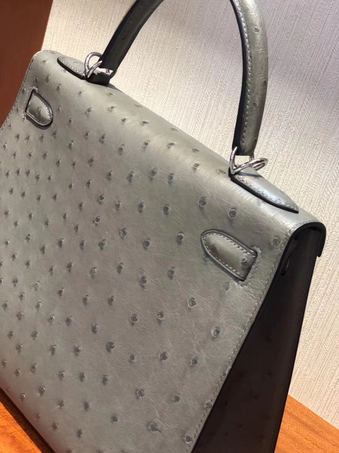 Luxury Hermes Mousse Grey Ostrich Leather Kelly Bag28CM Silver Hardware