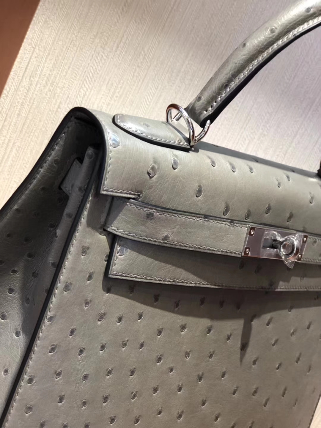 Luxury Hermes Mousse Grey Ostrich Leather Kelly Bag28CM Silver Hardware