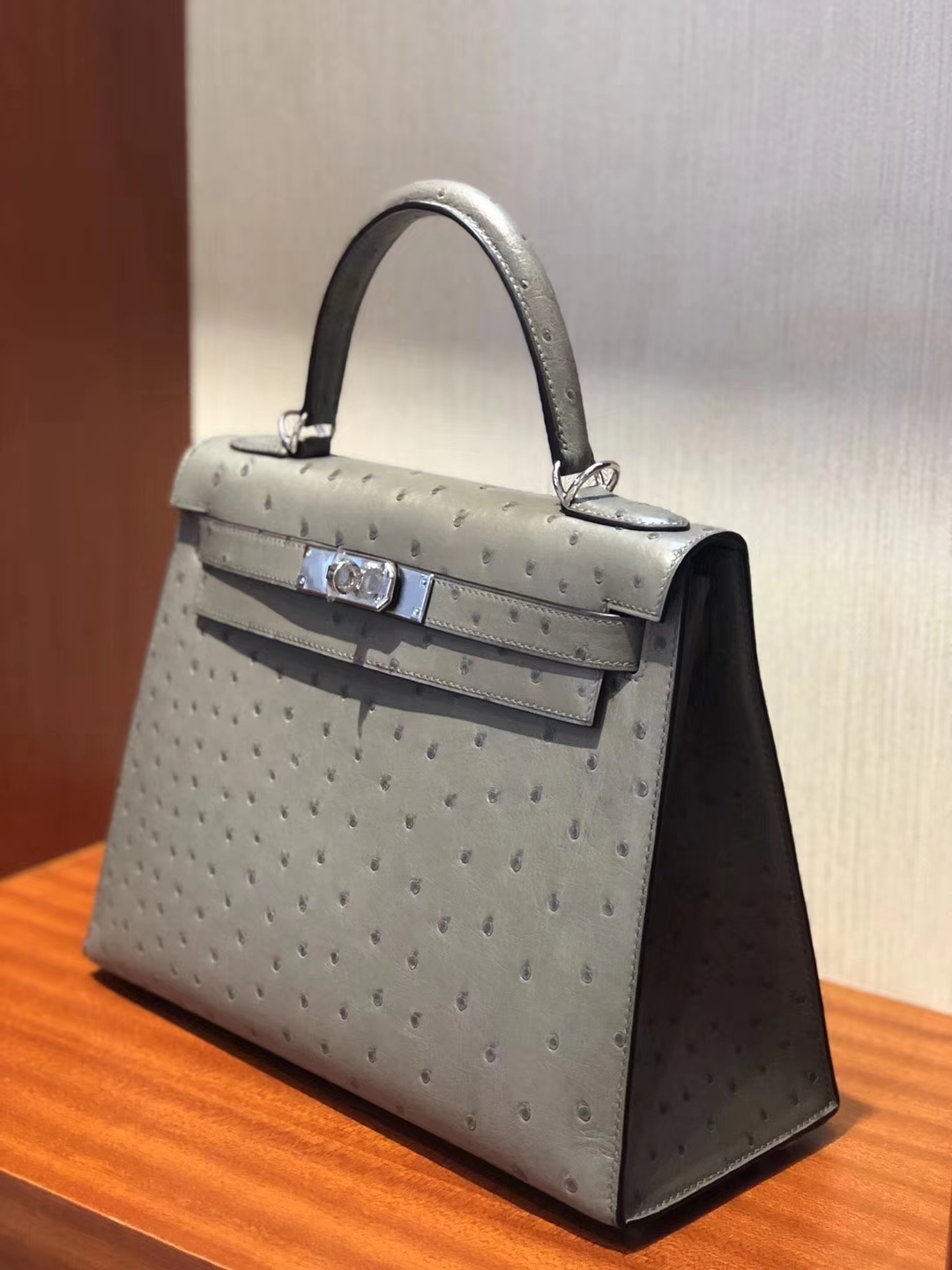Luxury Hermes Mousse Grey Ostrich Leather Kelly Bag28CM Silver Hardware